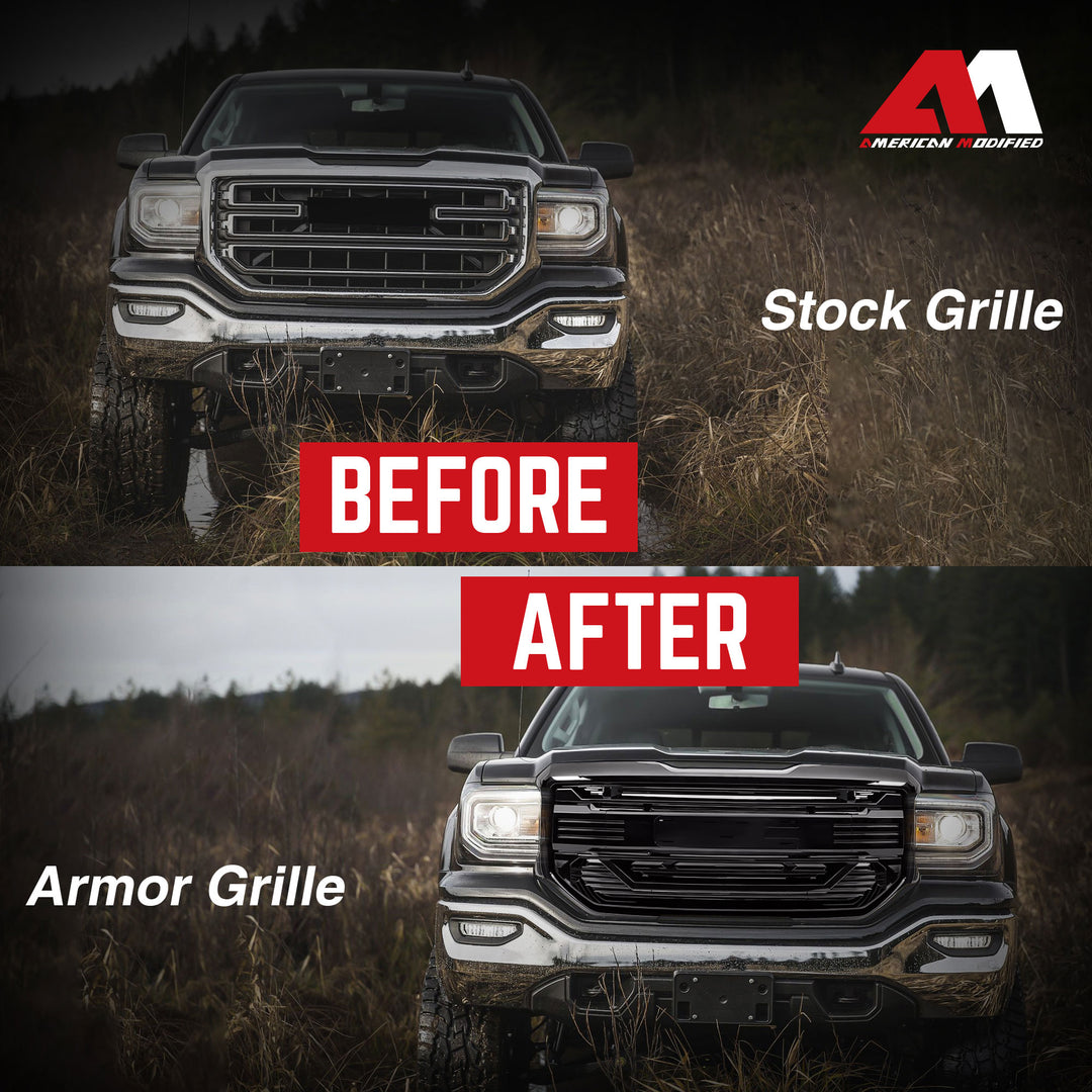 AMERICAN MODIFIED Armor Grille for 2016 to 2018 GMC Sierra 1500, Glossy Black