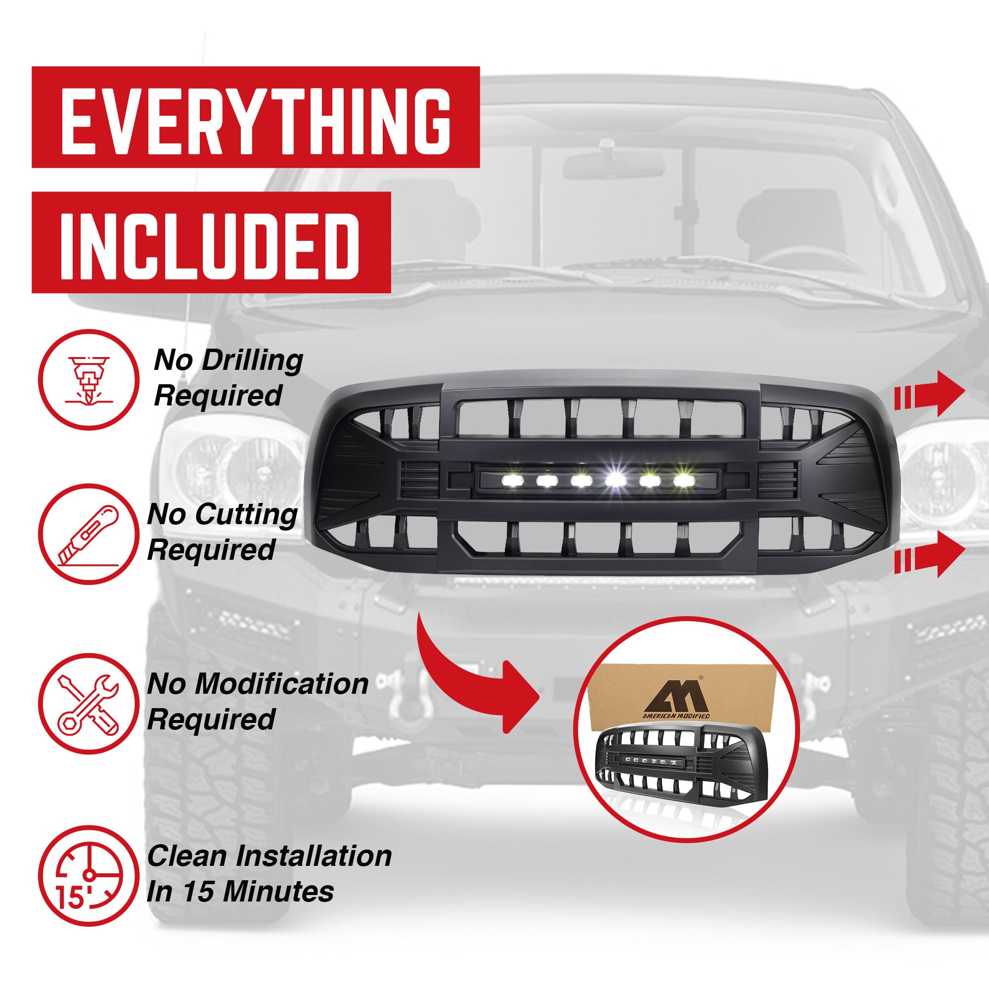 AMERICAN MODIFIED Armor Grille for 06-08 Dodge Ram 1500, Matte Black (For Parts) - VMInnovations