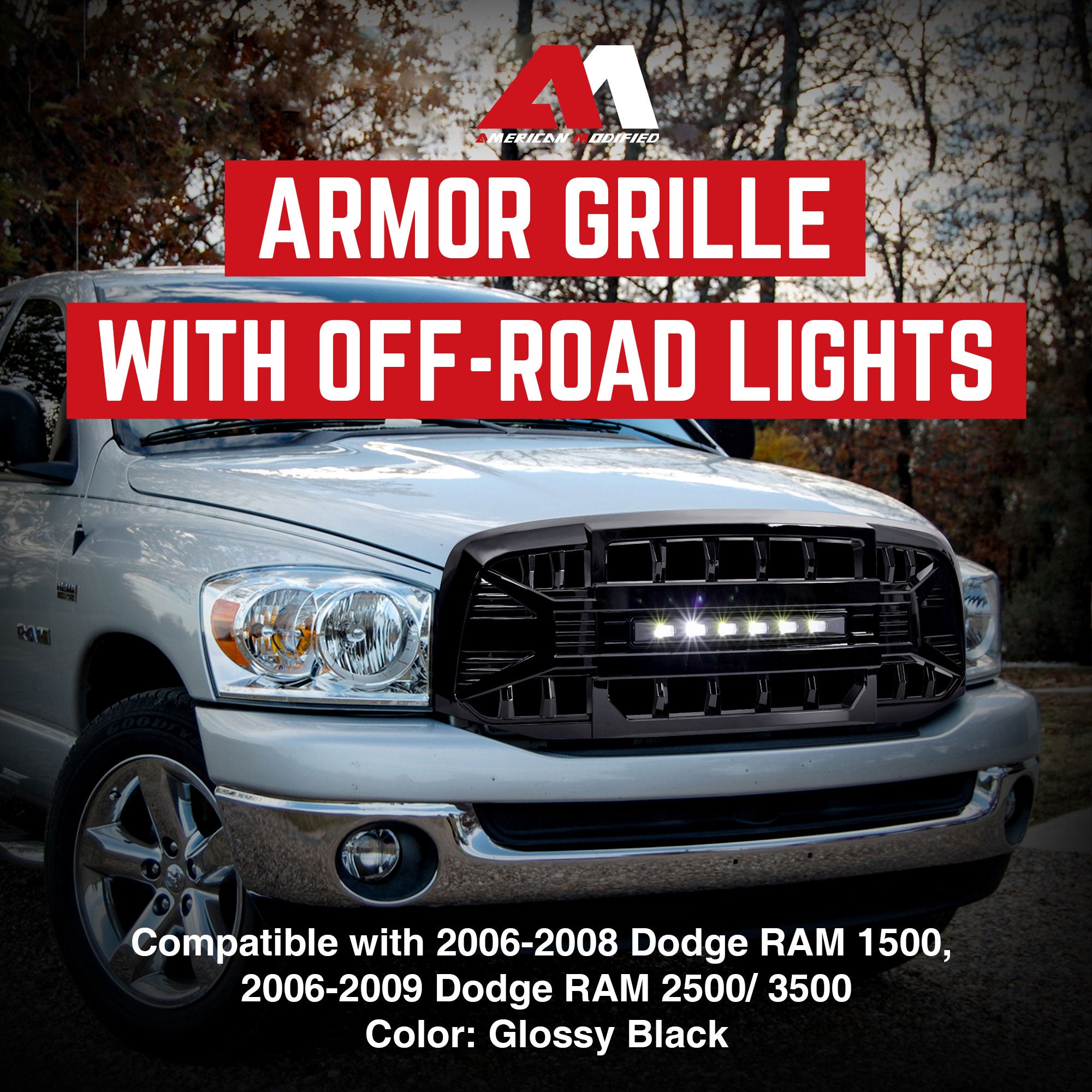 AMERICAN MODIFIED Armor Grille for 2006 to 2008 Dodge Ram 1500, Glossy Black - VMInnovations