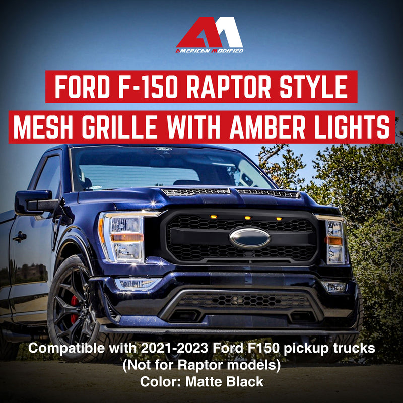 AMERICAN MODIFIED Raptor Style Mesh Grill for 2021-2023 Ford F150, Matte Black