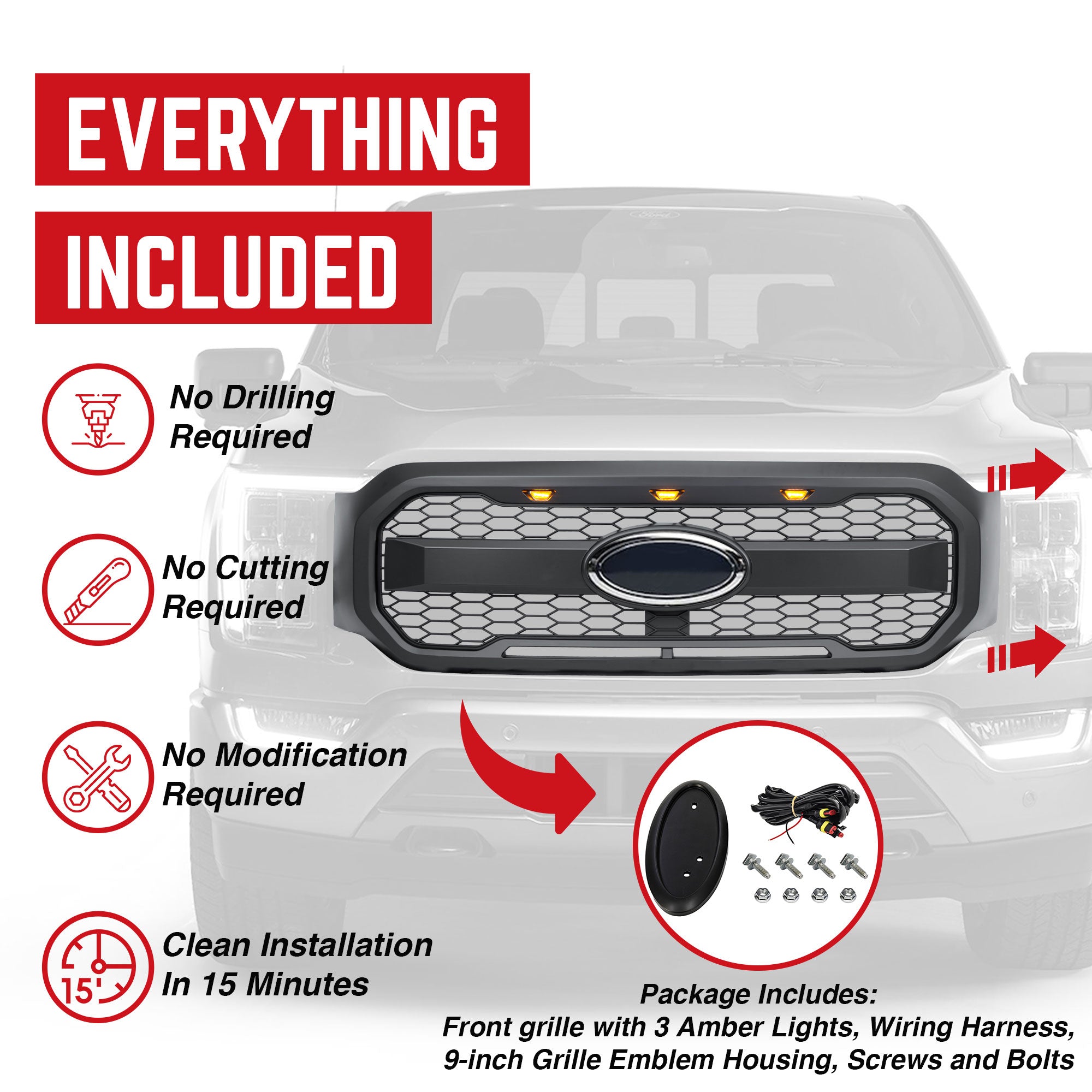 AMERICAN MODIFIED Raptor Style Mesh Grill for 2021-2023 Ford F150, Matte Black - VMInnovations