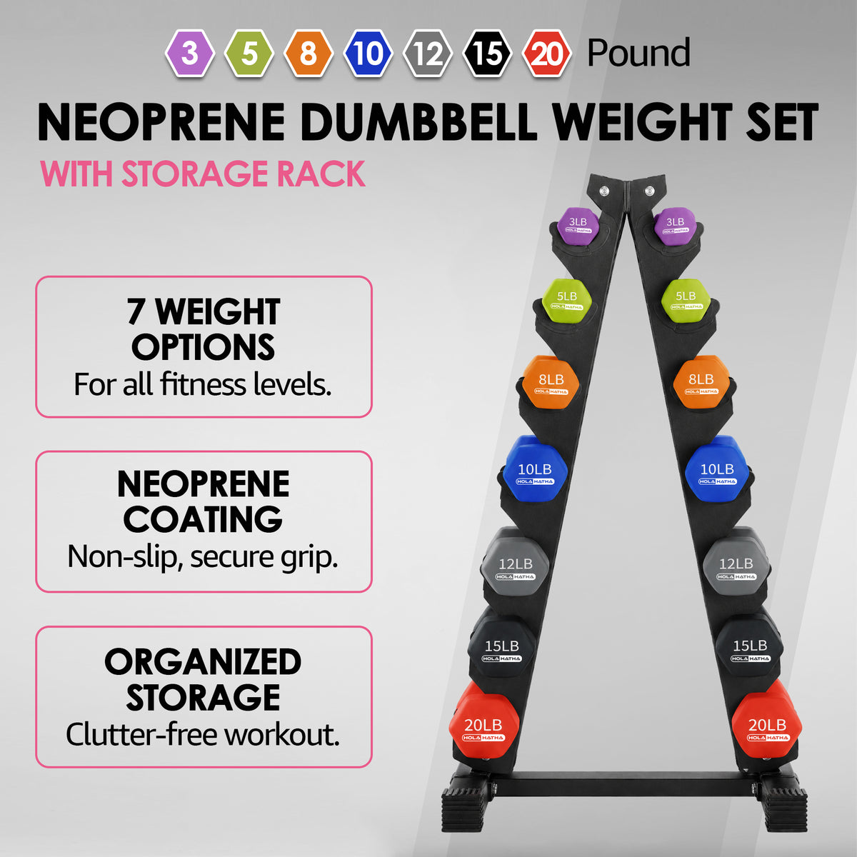 HolaHatha 146 Pound Neoprene Dumbbell Full Body Weight Set with Storage Rack