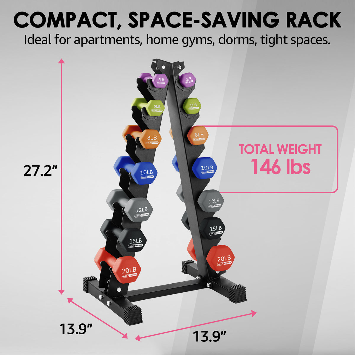 HolaHatha 146 Pound Neoprene Dumbbell Full Body Weight Set with Storage Rack