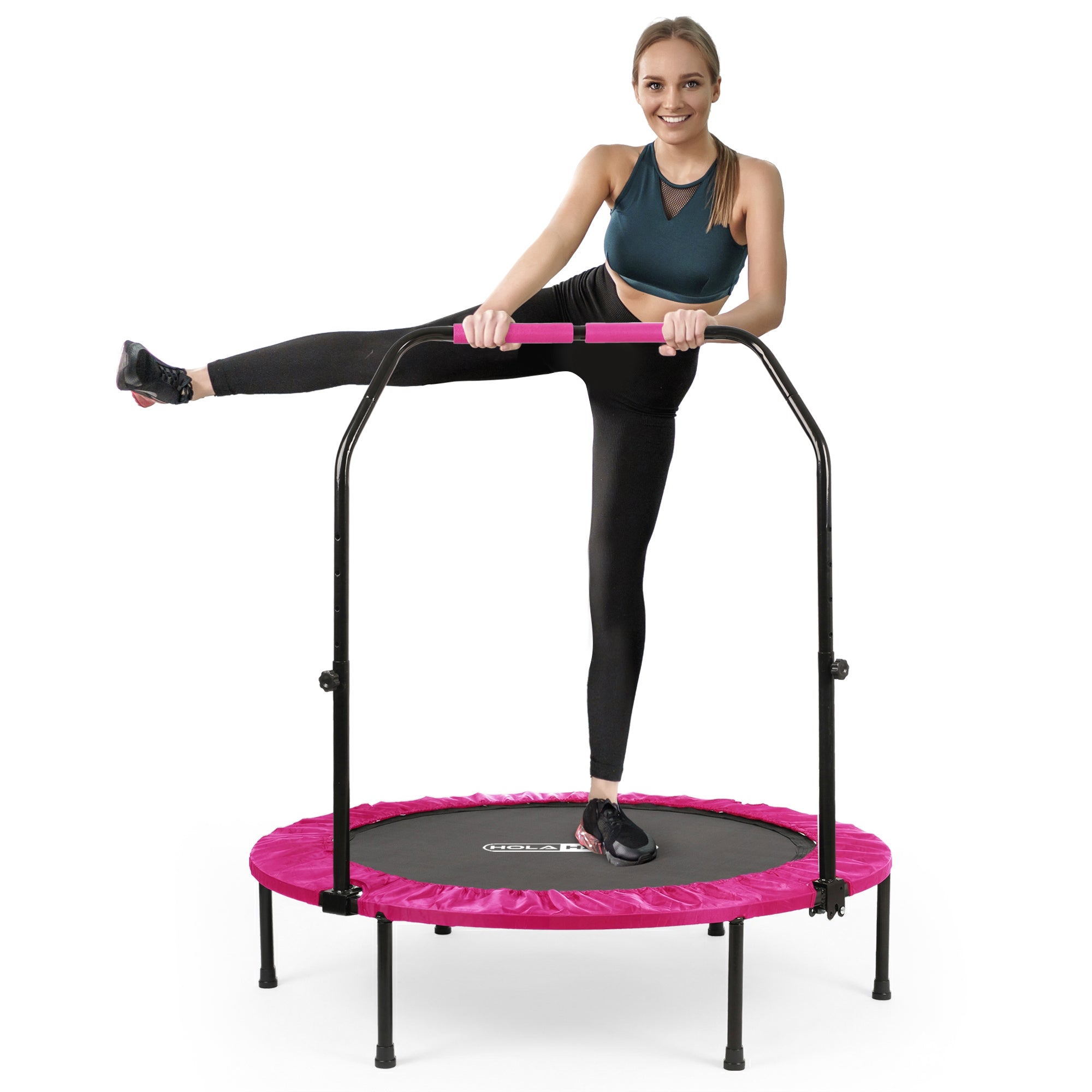 HolaHatha 48 Inch Foldable Mini Fitness Trampoline with Adjustable Handle, Pink - VMInnovations