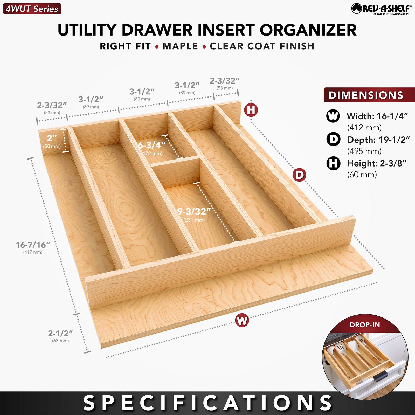 Rev-A-Shelf Natural Maple Right Size Utensil Drawer Insert, 16 1/4" x 19 1/2" - VMInnovations