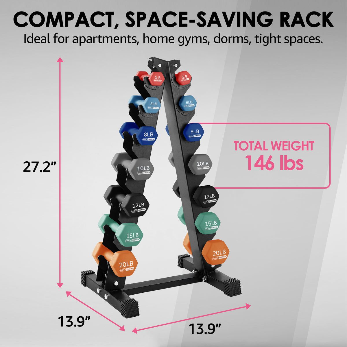 HolaHatha 146 Pound Neoprene Dumbbell Full Body Weight Set with Storage Rack - VMInnovations