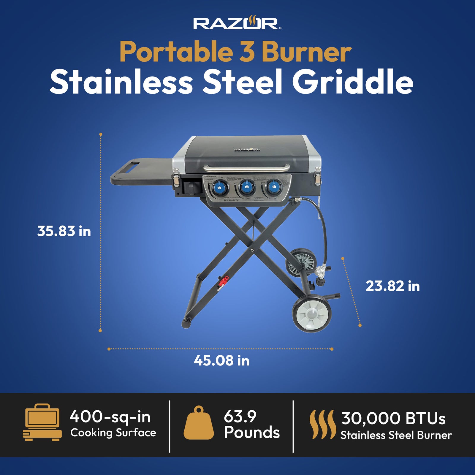 Razor Stainless Steel 3 Burner Griddle Grill with Portable Cart and Side Shelf - VMInnovations