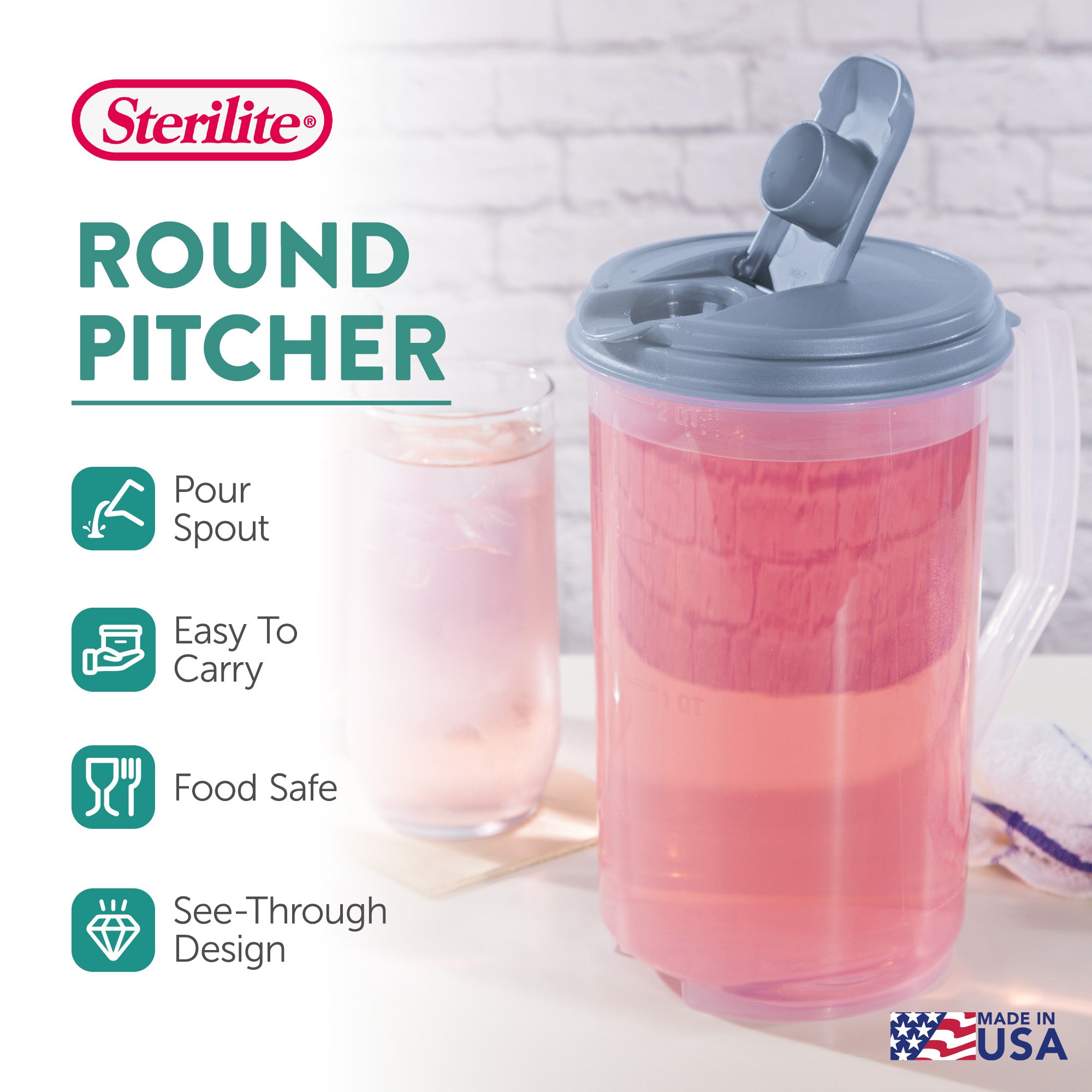 Sterilite 2 Quart Plastic Hinged Pitcher with Comfort Grip Handle, Blue, 18-Pack - VMInnovations