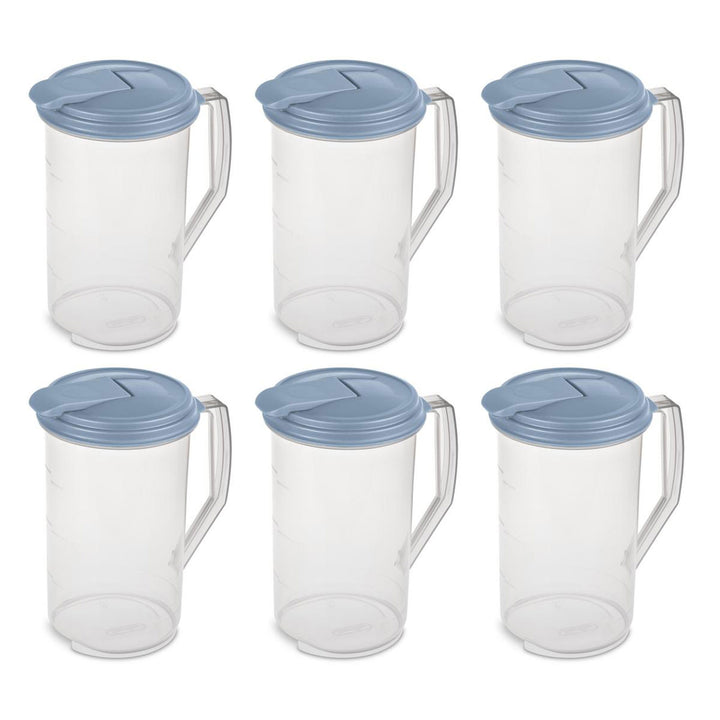 Sterilite 2 Quart Plastic Hinged Pitcher with Comfort Grip Handle, Blue, 6-Pack