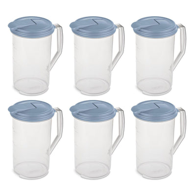 Sterilite 2 Quart Plastic Hinged Pitcher with Comfort Grip Handle, Blue, 6-Pack