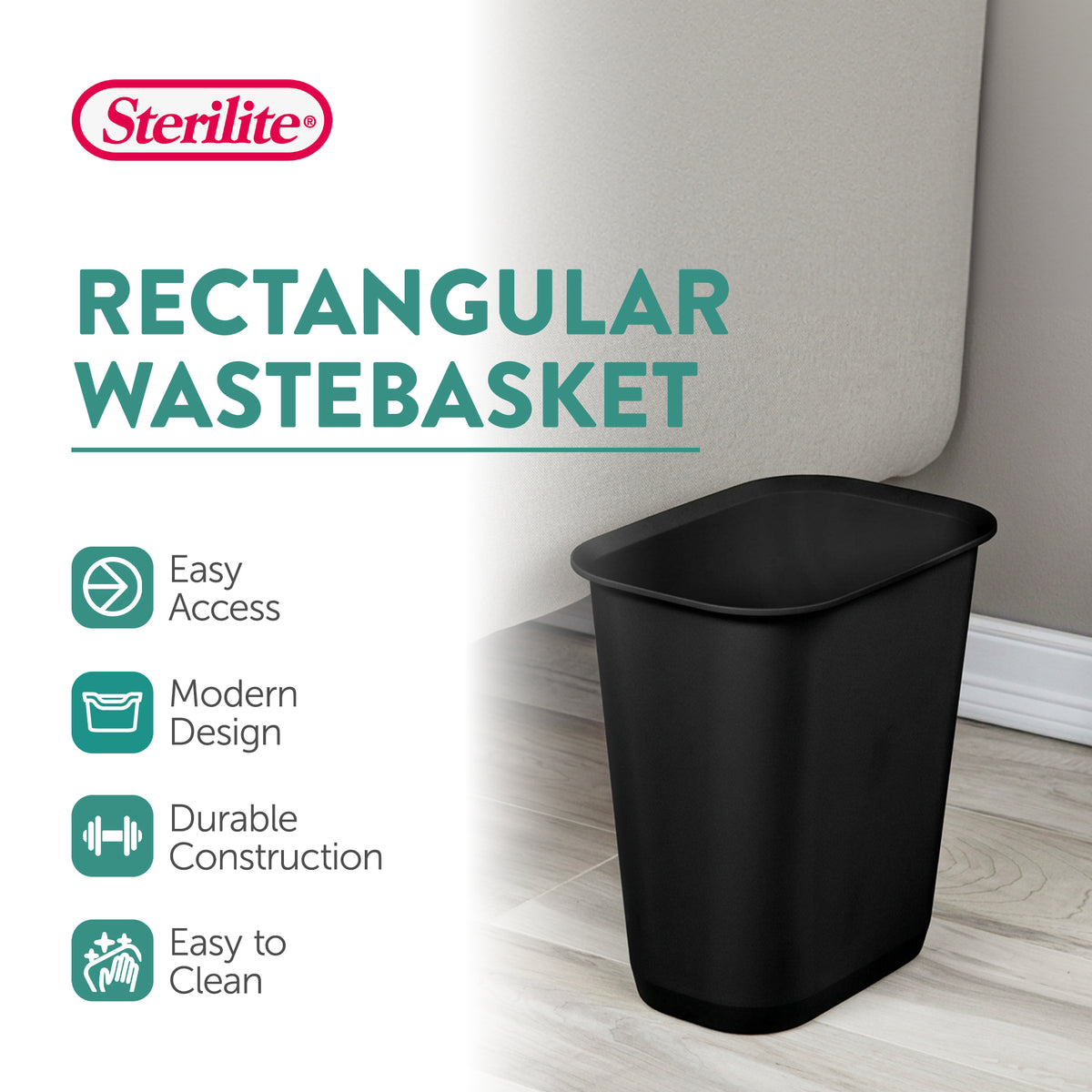 Sterilite 3 Gallon Rectangular Wastebasket Small Home Trash Bin, 16 Pack, Black