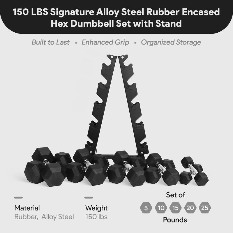 BalanceFrom Signature Alloy Steel 150 lb Rubber Encased Hex Dumbbell Set, Black