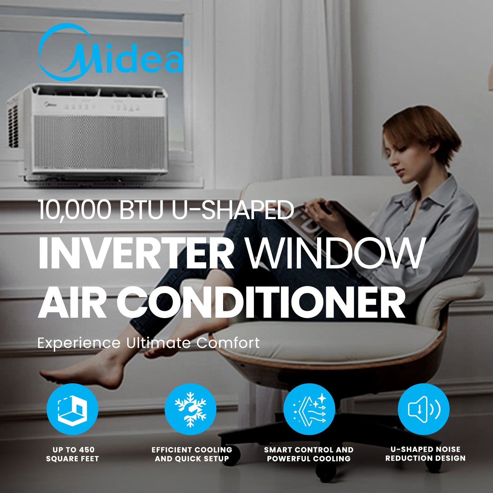 Midea 10,000 BTU U Shaped Window Type Air Conditioner Cools up to 450 Sq Ft - VMInnovations