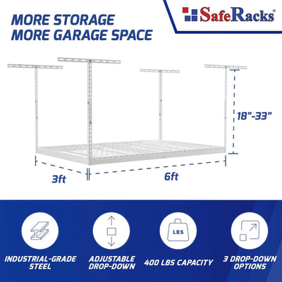SafeRacks 3' x 6' Overhead Garage Storage Rack Holds Up to 400 Pounds, White