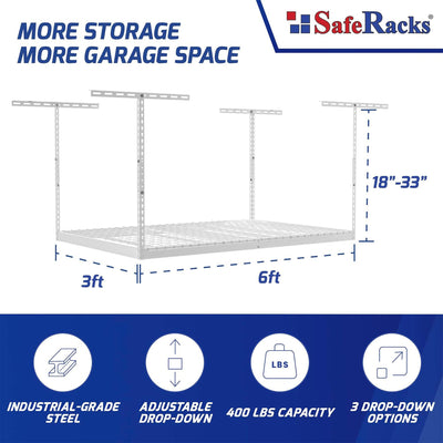 SafeRacks 3' x 6' Overhead Garage Storage Rack Holds 400 lbs, White (Open Box) - VMInnovations