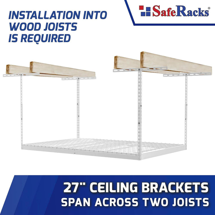 SafeRacks 3' x 6' Overhead Garage Storage Rack Holds 400 lbs, White (Open Box)