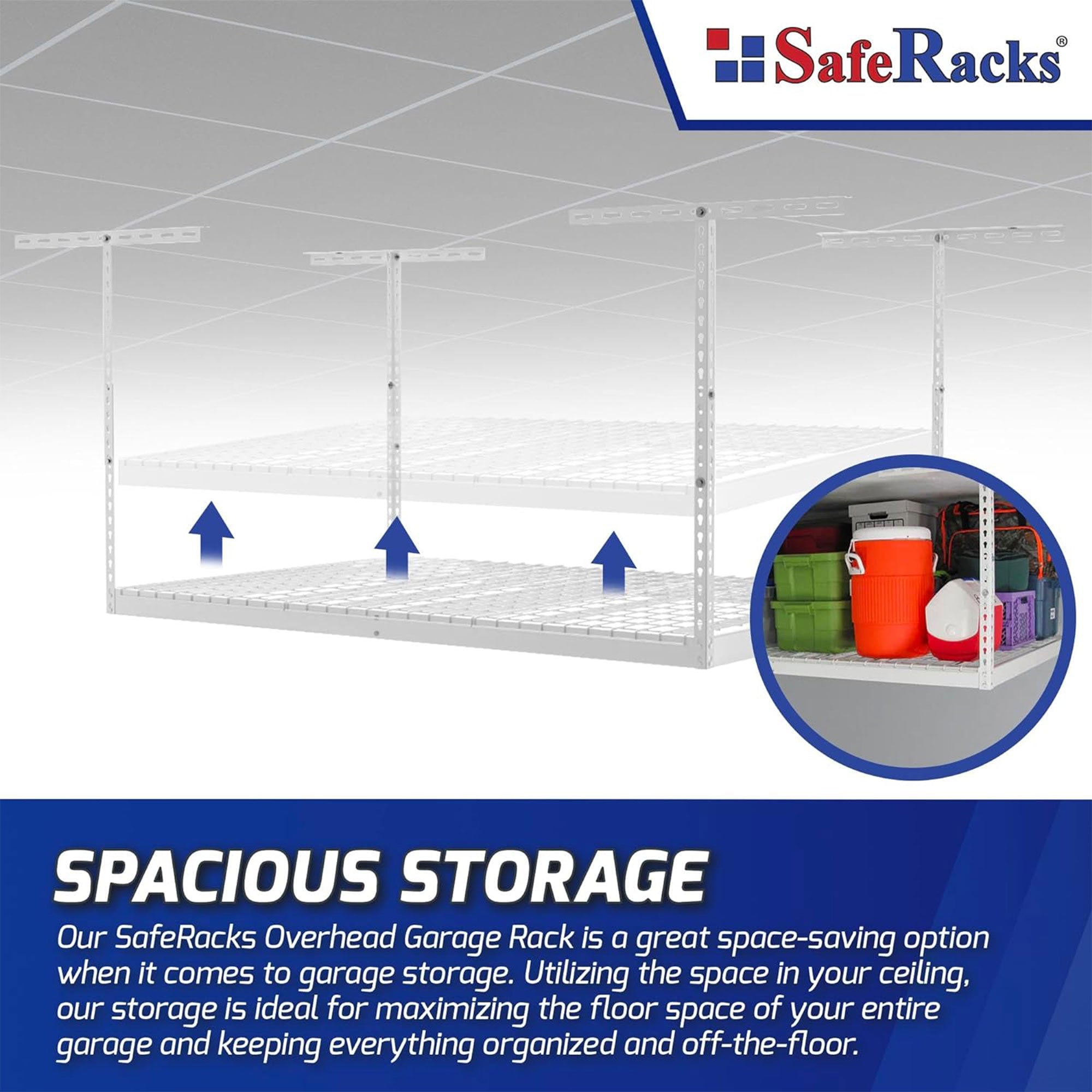 SafeRacks 3' x 6' Overhead Garage Storage Rack Holds Up to 400 Pounds, White - VMInnovations