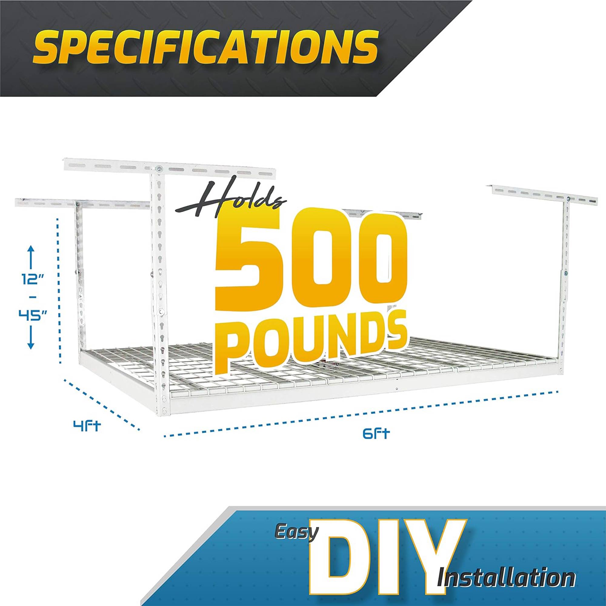 MonsterRax 4' x 6' Overhead Garage Storage Rack Holds Up to 500 Pounds, White - VMInnovations