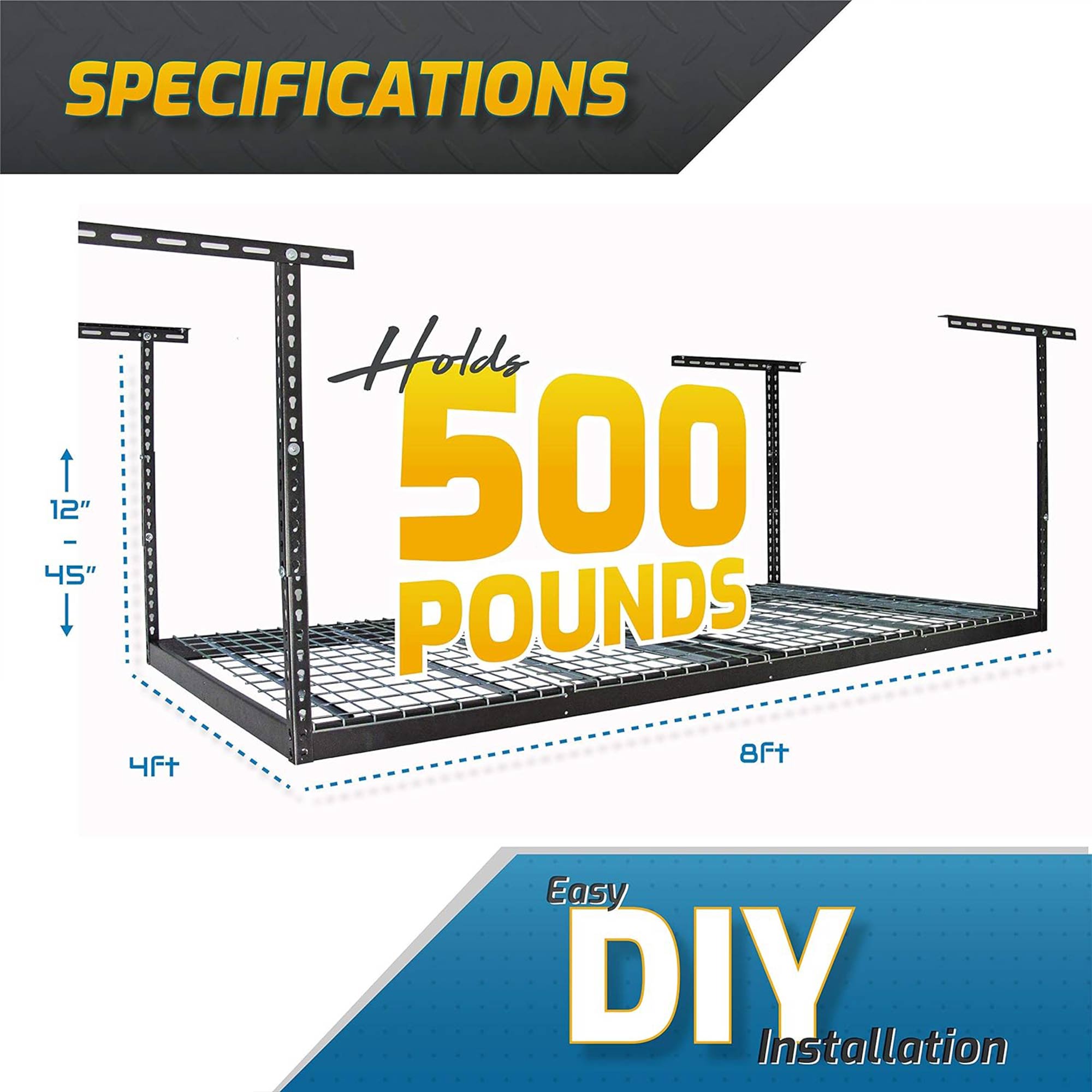 MonsterRax 4'x8' Overhead Garage Storage Rack Holds Up to 500 Pounds, Hammertone - VMInnovations