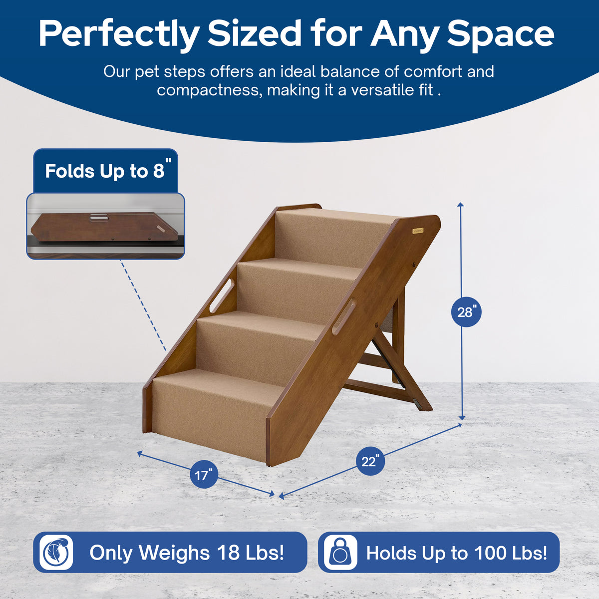 MECO Stakmore Foldable Pet Steps with Solid Construction, Brown Felt (Open Box)