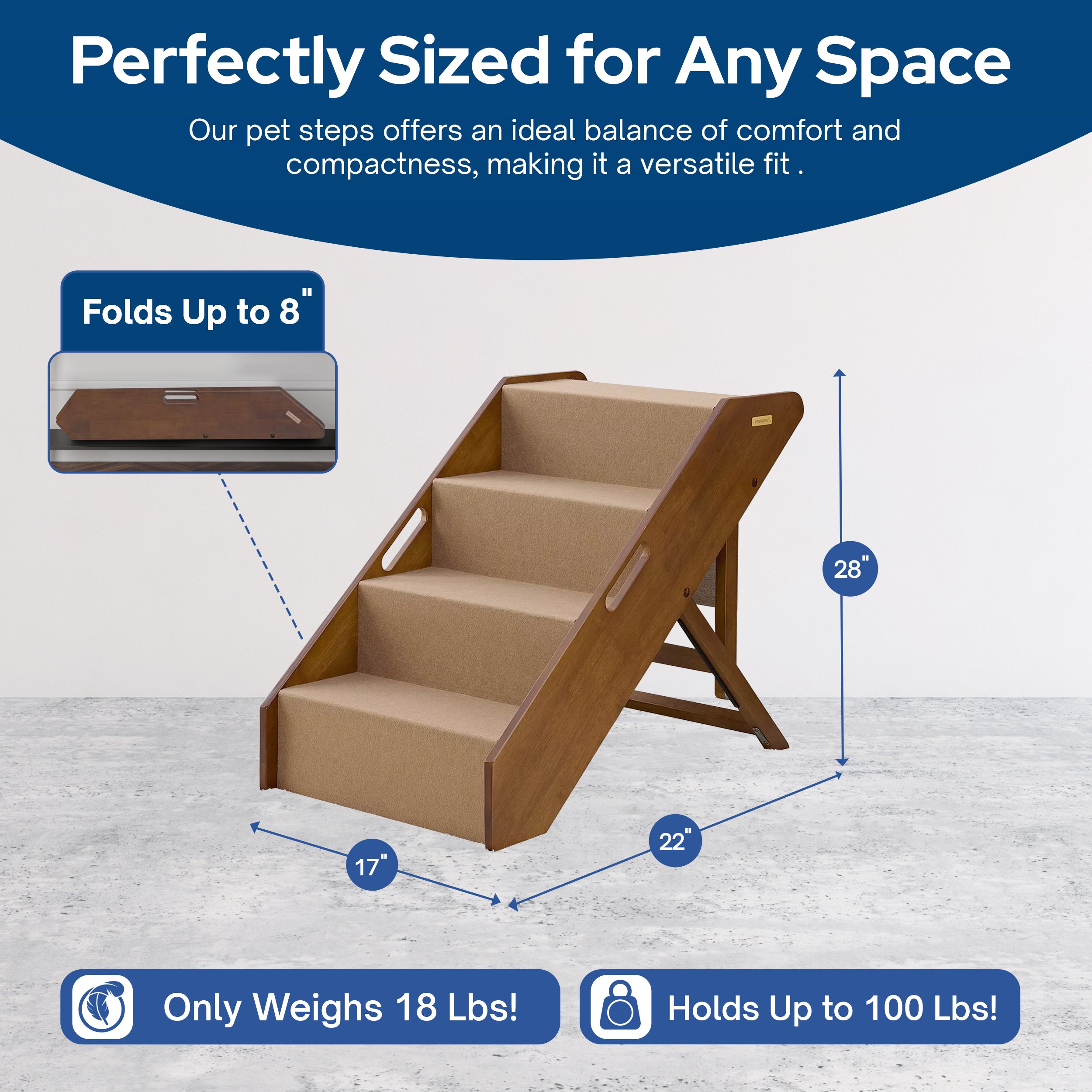 MECO Foldable Pet Steps with Solid Fruitwood Construction, Brown Felt (Used) - VMInnovations