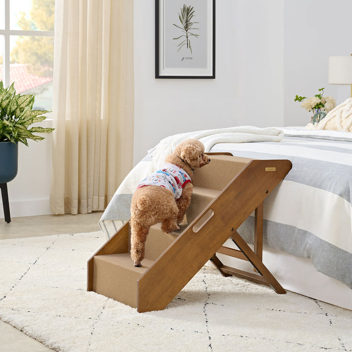 MECO Foldable Pet Steps with Solid Fruitwood Construction, Brown Felt (Used) - VMInnovations