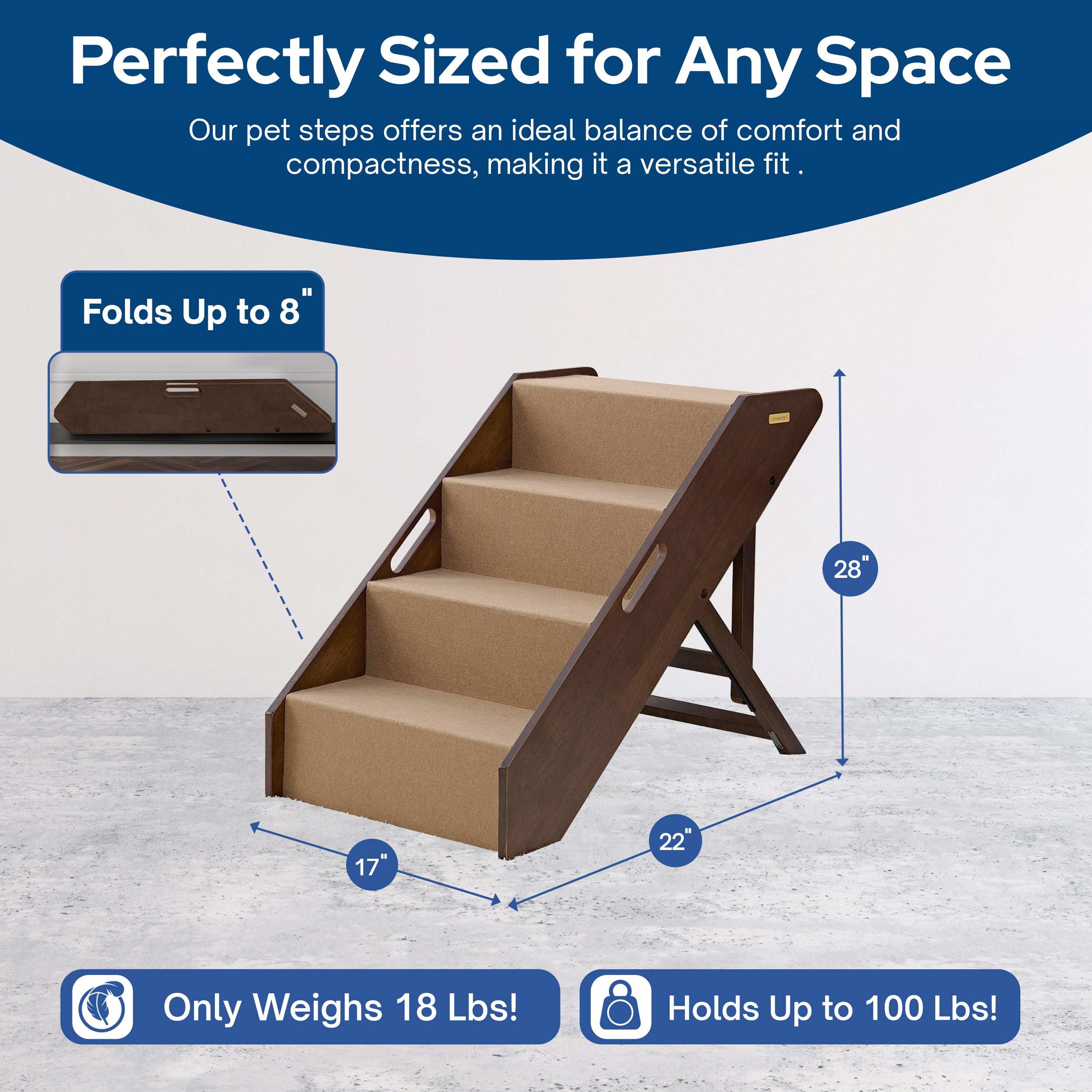 MECO Foldable Pet Steps w/Hardwood Construction, Espresso w/Brown Felt (Used) - VMInnovations