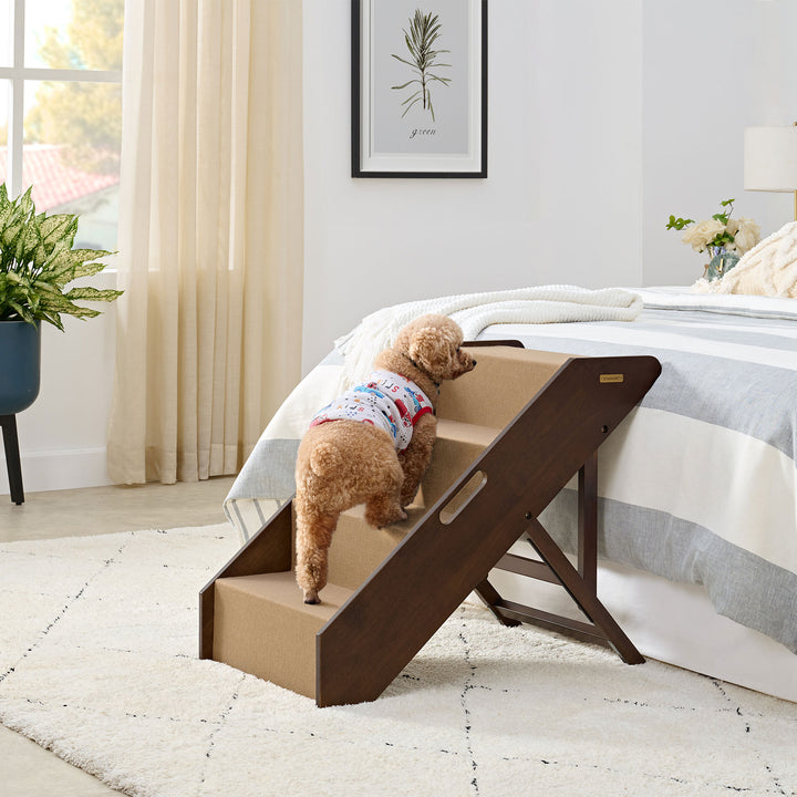 MECO Foldable Pet Steps w/Hardwood Construction, Espresso w/Brown Felt (Used)