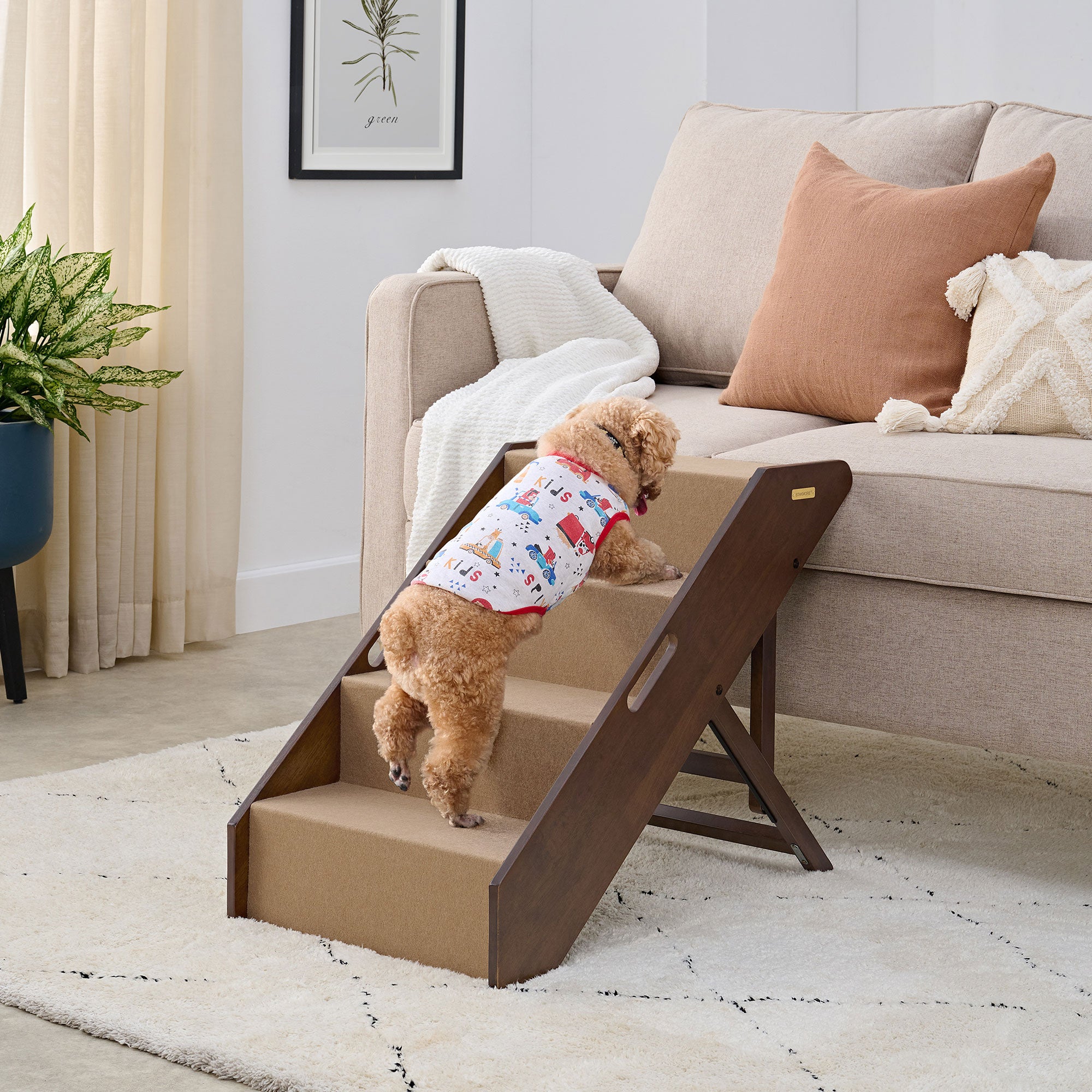 MECO Foldable Pet Steps w/Hardwood Construction, Espresso w/Brown Felt (Used)