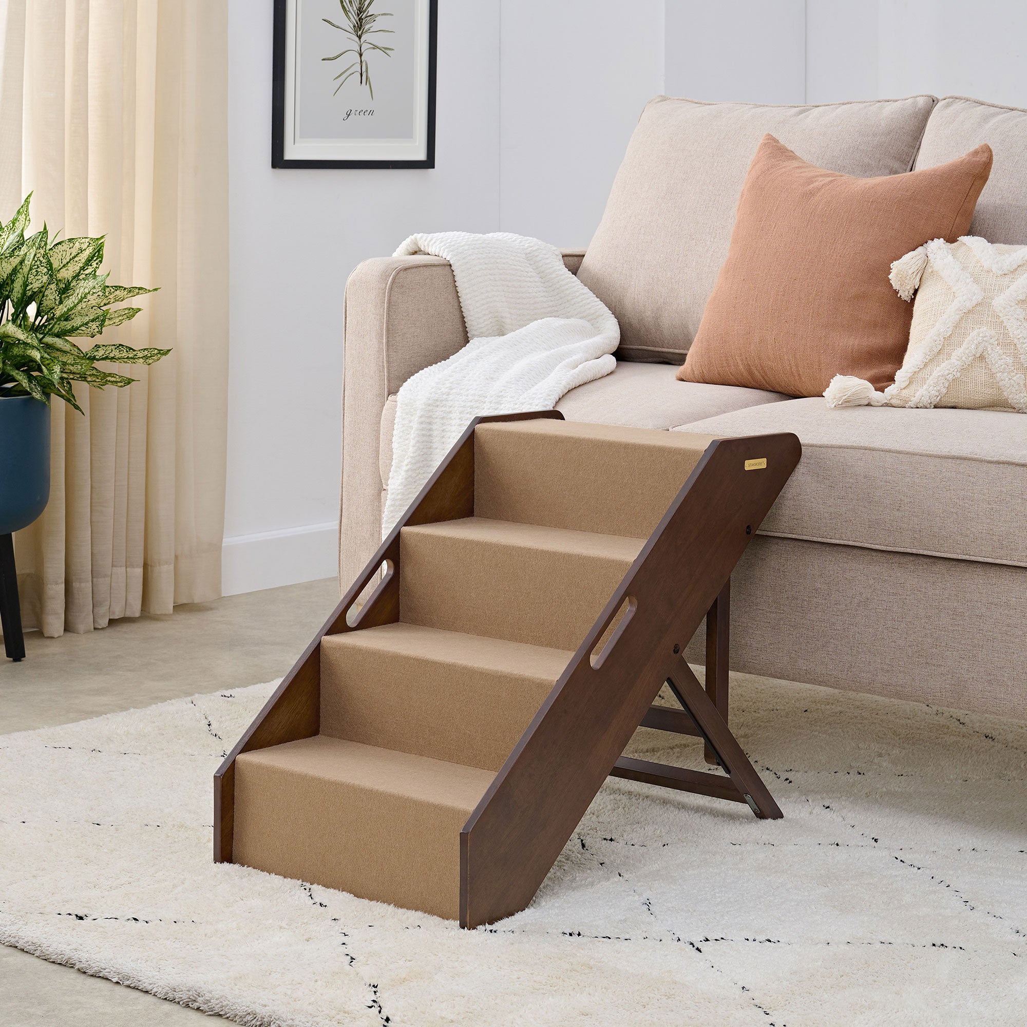 MECO Foldable Pet Steps w/Hardwood Construction, Espresso w/Brown Felt (Used)