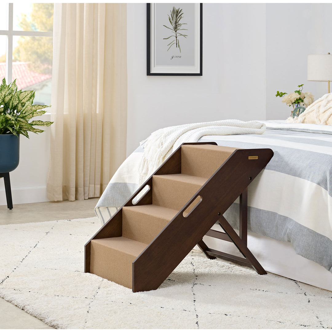 MECO Foldable Pet Steps w/Hardwood Construction, Espresso w/Brown Felt(Open Box)