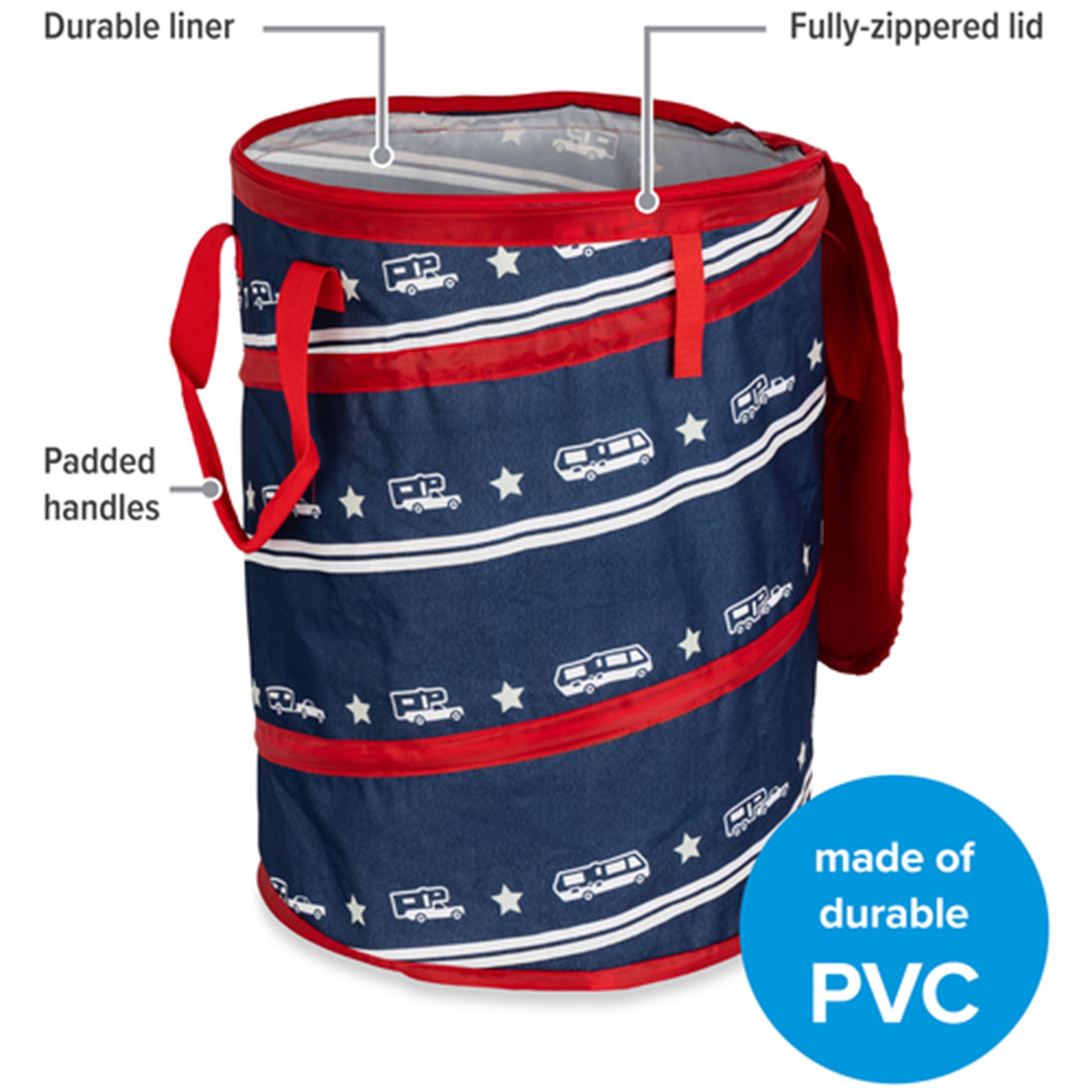 Camco Campsite Pop Up Utility Container with Liner and Zipper Close, Patriotic - VMInnovations