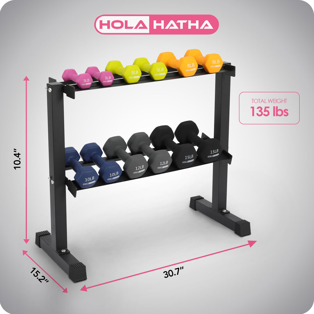 HolaHatha 106 Pound Neoprene Dumbbell Strength Training Weight Set with Rack