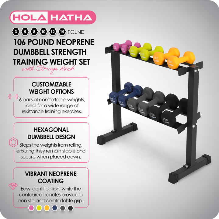 HolaHatha 106 Pound Neoprene Dumbbell Strength Training Weight Set with Rack