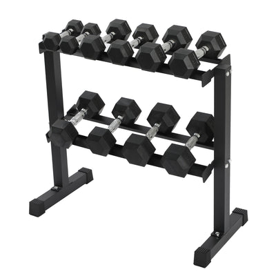 HolaHatha 150 Pound Rubber Encased Dumbbell Strength Training Weight Set w/ Rack - VMInnovations