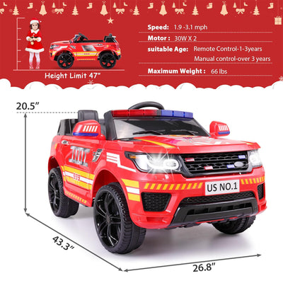TOBBI 12 Volt Battery Powered Ride On Fire Truck for Ages 3 Years, Red(Open Box) - VMInnovations