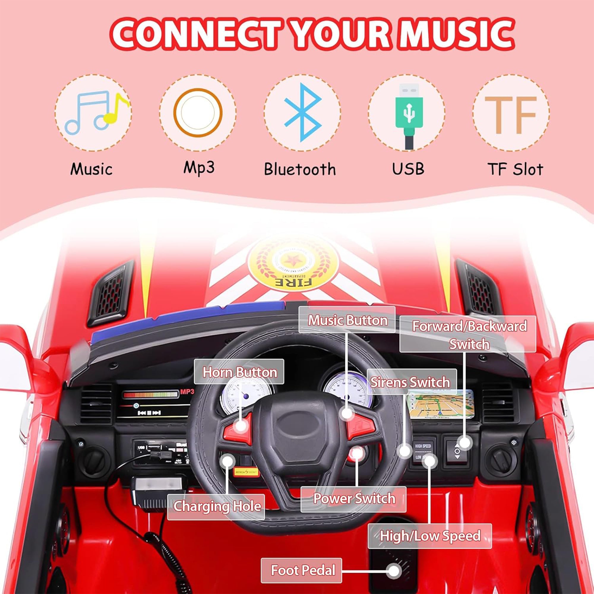 TOBBI 12 Volt Battery Powered Ride On Fire Truck for Kids Ages 3 Years, Red - VMInnovations