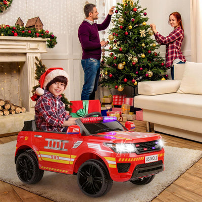 TOBBI 12 Volt Battery Powered Ride On Fire Truck for Kids Ages 3 Years, Red - VMInnovations