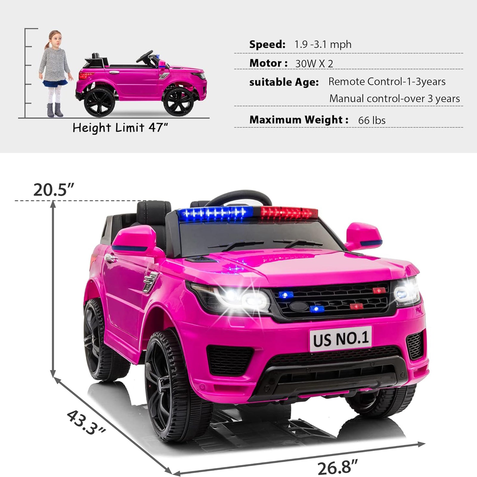 TOBBI 12 Volt Battery Powered Ride On Police SUV for Kids Ages 3 Years, Rose Red - VMInnovations