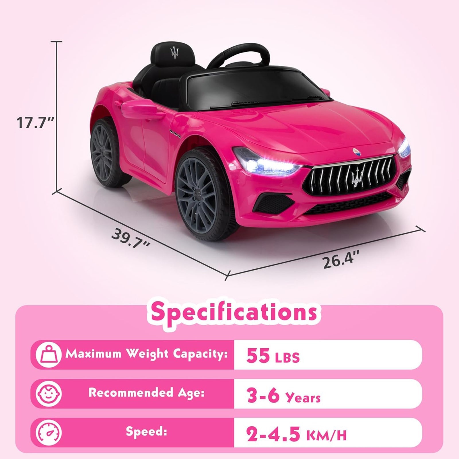 TOBBI Kids Ride On Car, 12V Maserati Ghibli Electric Toy w/ Remote, Music, Pink - VMInnovations