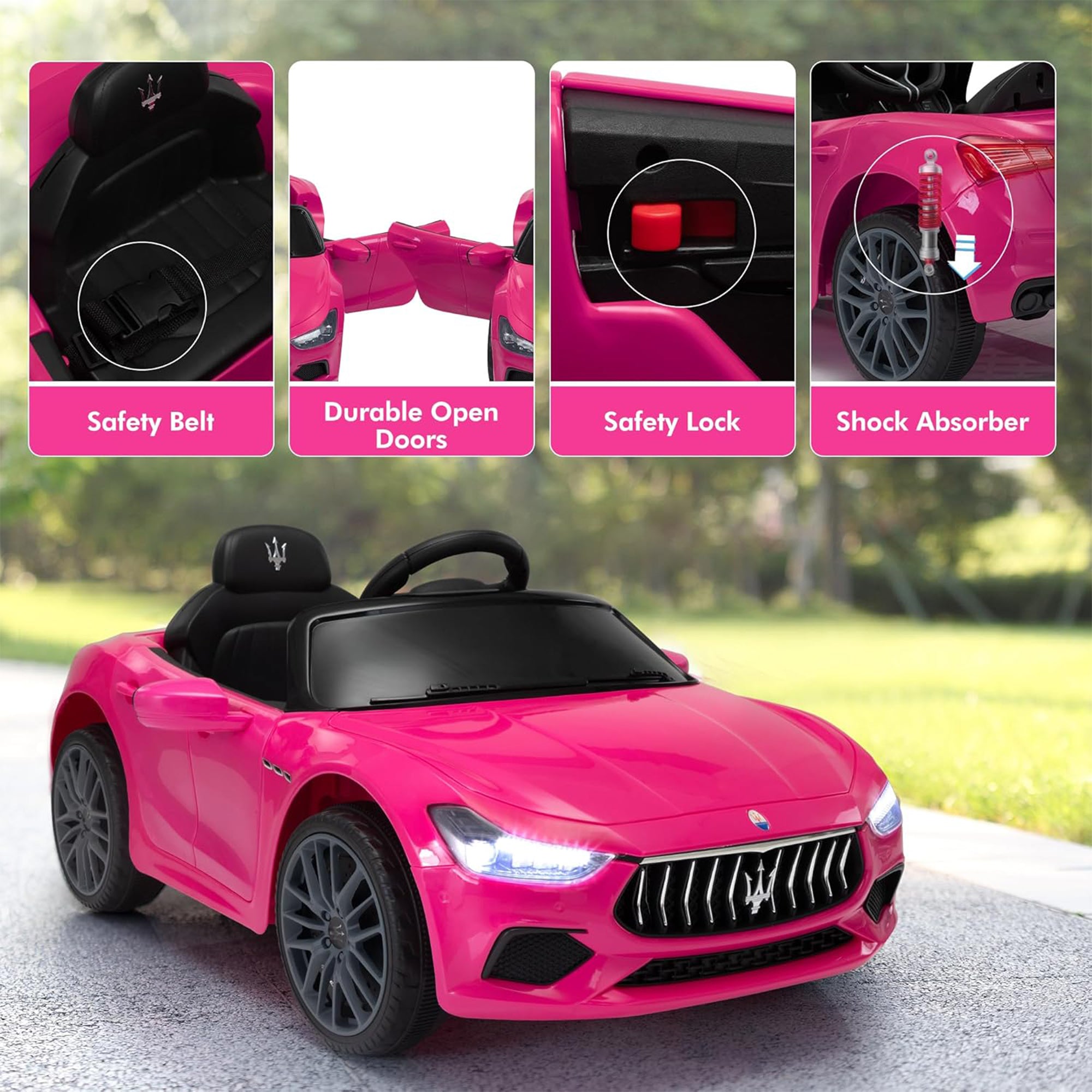 TOBBI Kids Ride On Car, 12V Maserati Ghibli Electric Toy w/ Remote, Music, Pink - VMInnovations