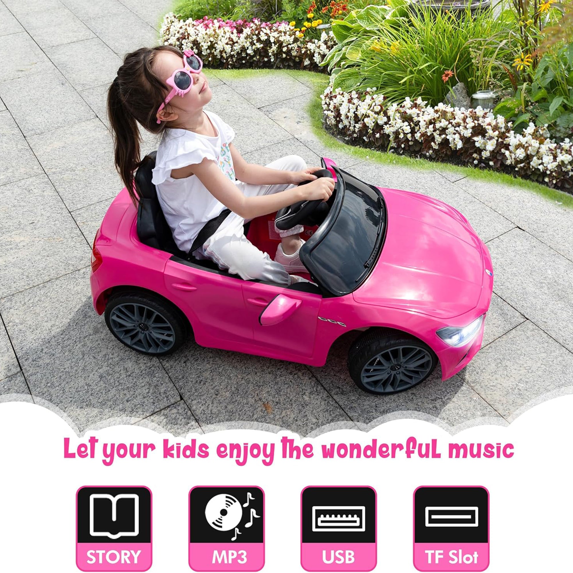 TOBBI Kids Ride On Car, 12V Maserati Ghibli Electric Toy w/ Remote, Music, Pink - VMInnovations