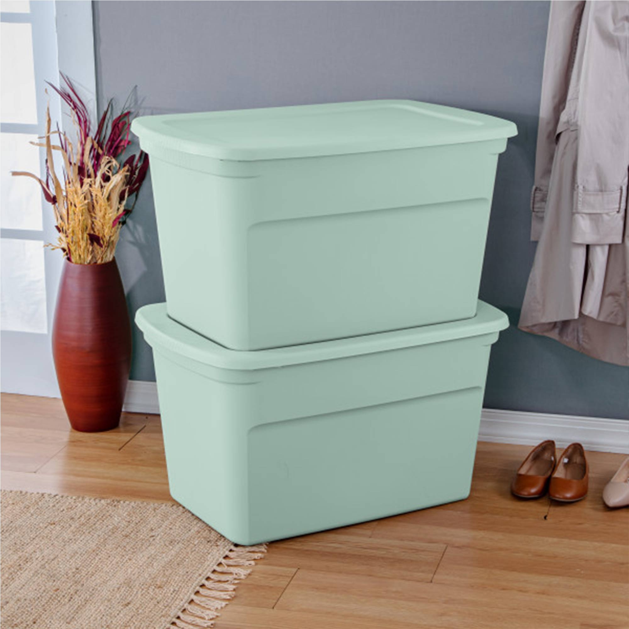 Sterilite 30 Gal Latch Tote with Handle for Home Storage, Mindful Mint (24 Pack) - VMInnovations
