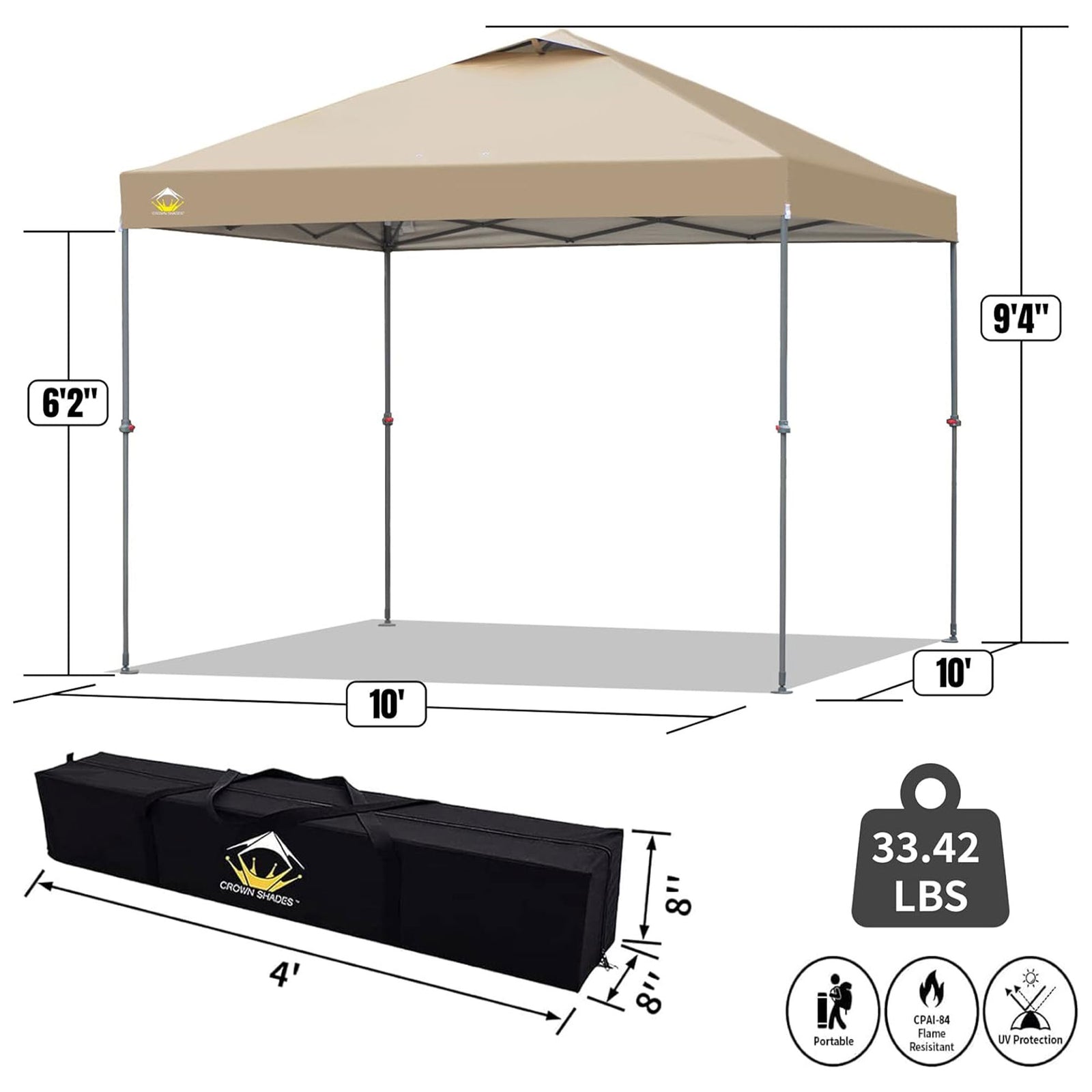 Crown Shades 10x10 Ft Instant Pop Up Shade Canopy & Carry Bag, Beige (Open Box) - VMInnovations