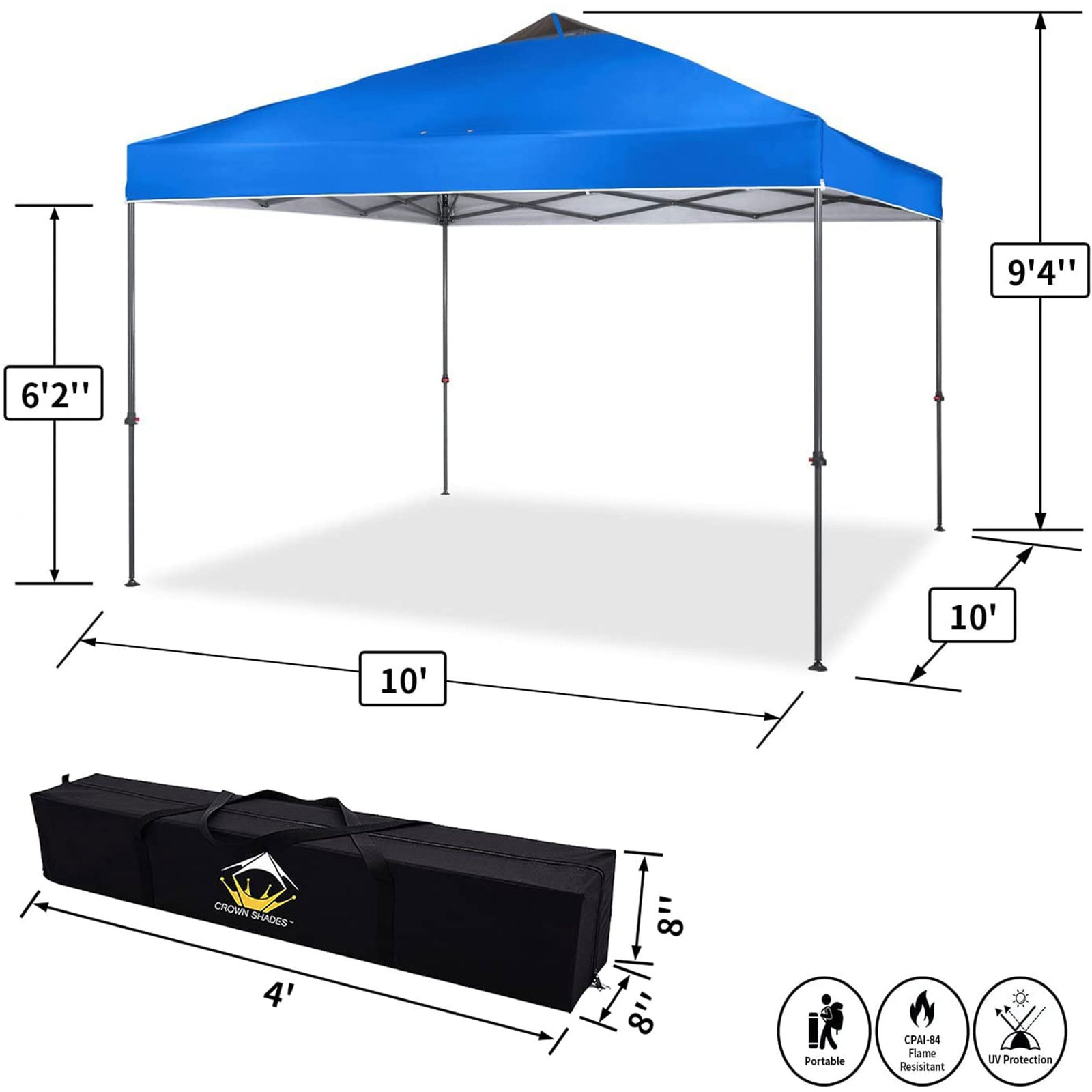 Crown Shades 10 x 10 Ft Pop Up Folding Shade Canopy w/Carry Bag, Blue (Open Box) - VMInnovations