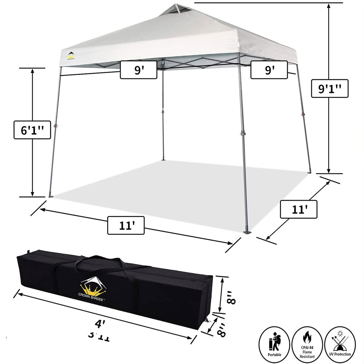 Crown Shades 11' x 11' Base 9' x 9' Top Instant Pop Up Canopy, White (Open Box)