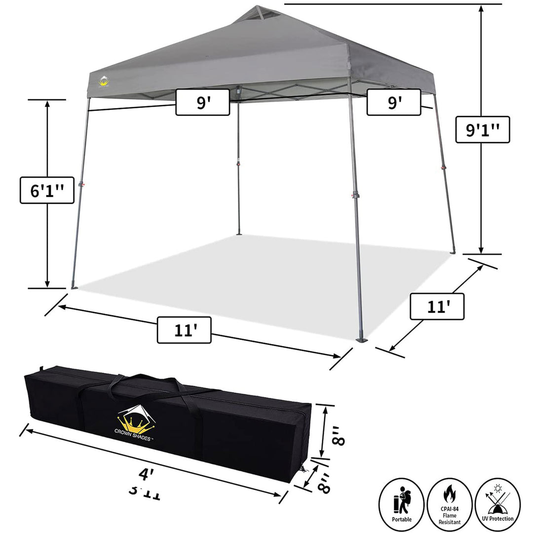 Crown Shades 11' x 11' Base 9' x 9' Top Pop Up Canopy w/Carry Bag, Gray (Used)