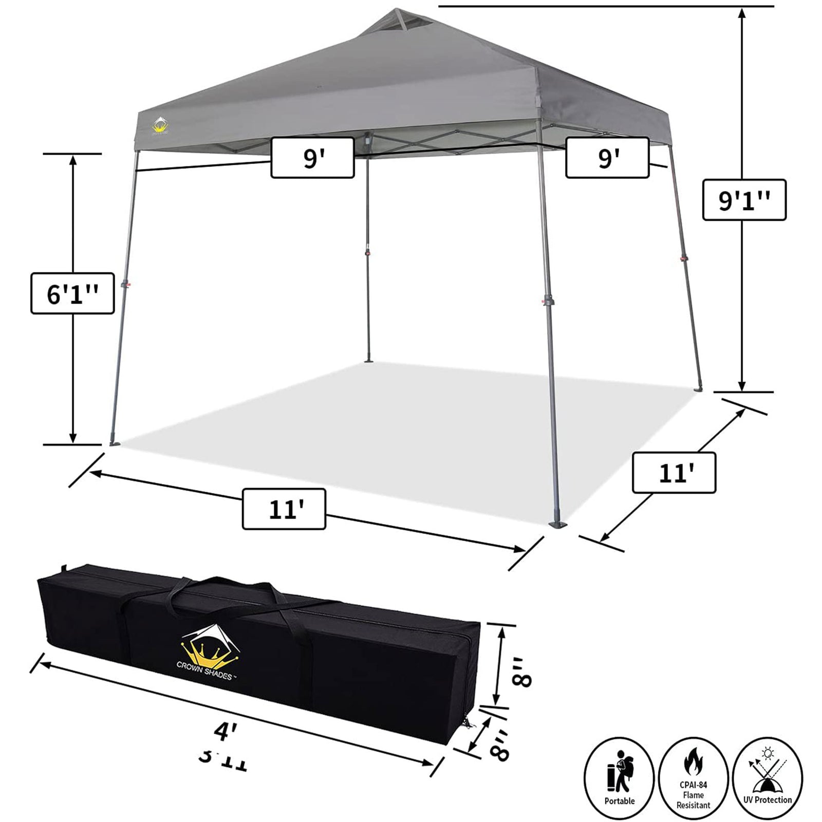 Crown Shades 11' x 11' Base 9' x 9' Top Pop Up Canopy w/Carry Bag, Gray (Used) - VMInnovations