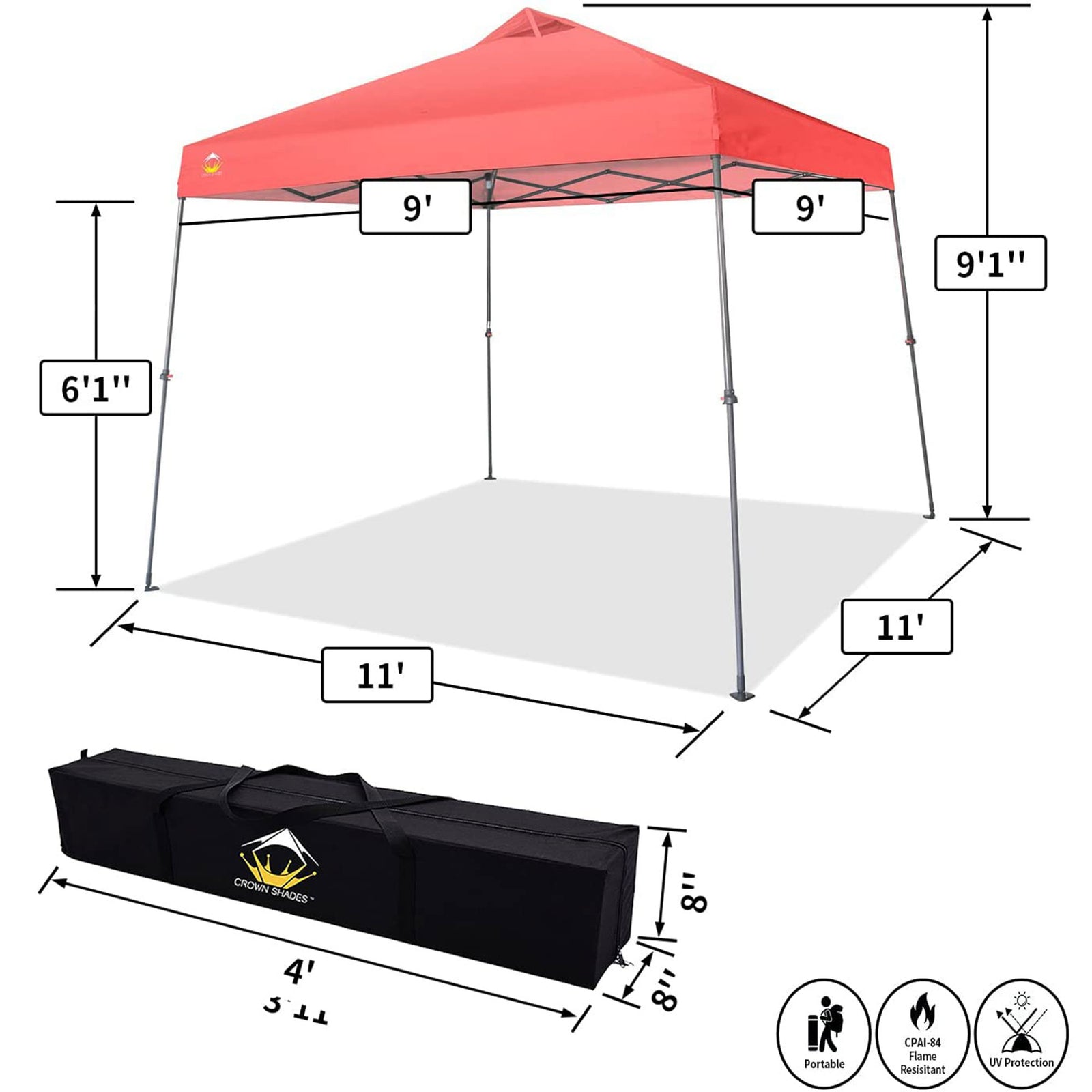 Crown Shades 11' x 11' Base 9' x 9' Top Canopy w/Carry Bag, Red(Open Box) (Used) - VMInnovations