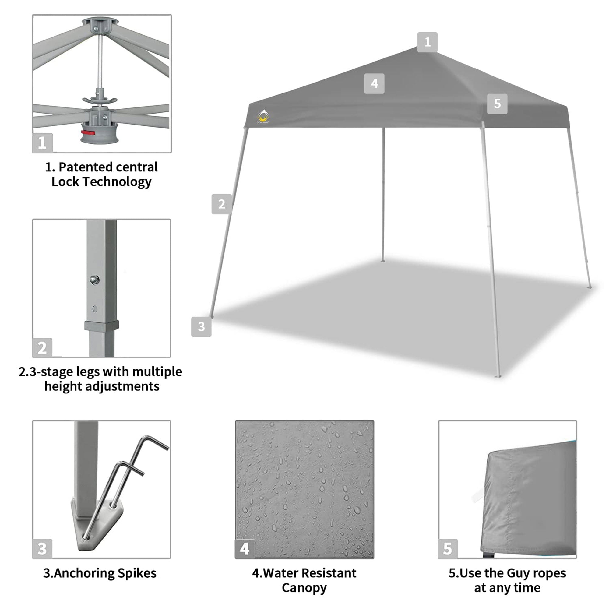 Crown Shades 10' x 10' Base 8'x 8' Canopy w/Carry Bag, Gray, Open Box (Used) - VMInnovations